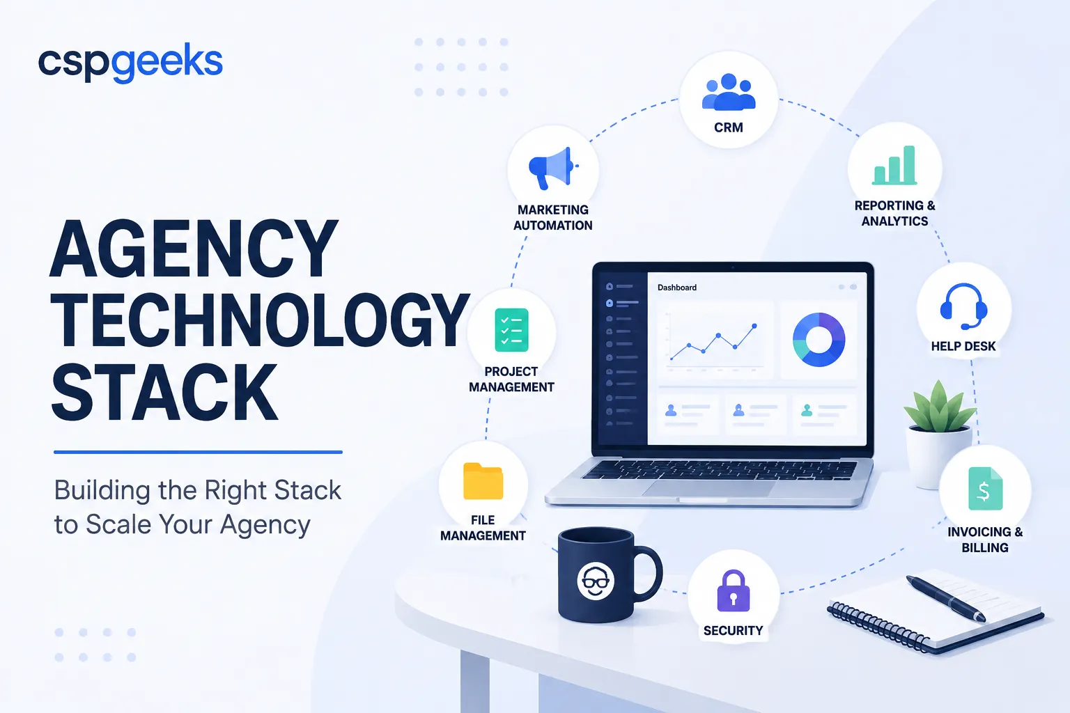 Illustration of a layered agency technology stack with connected platform, integration, and application tiers
