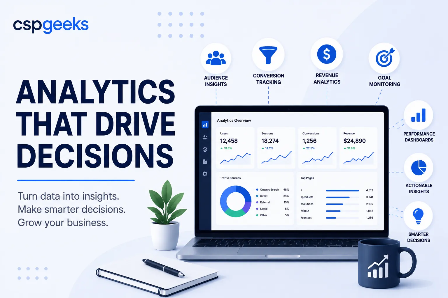 Illustration of an analytics dashboard with KPI tiles and charts used to drive business decisions