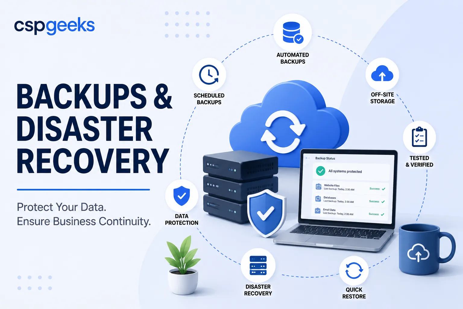 Illustration of a backup and disaster recovery setup with local and cloud copies being restored to a server