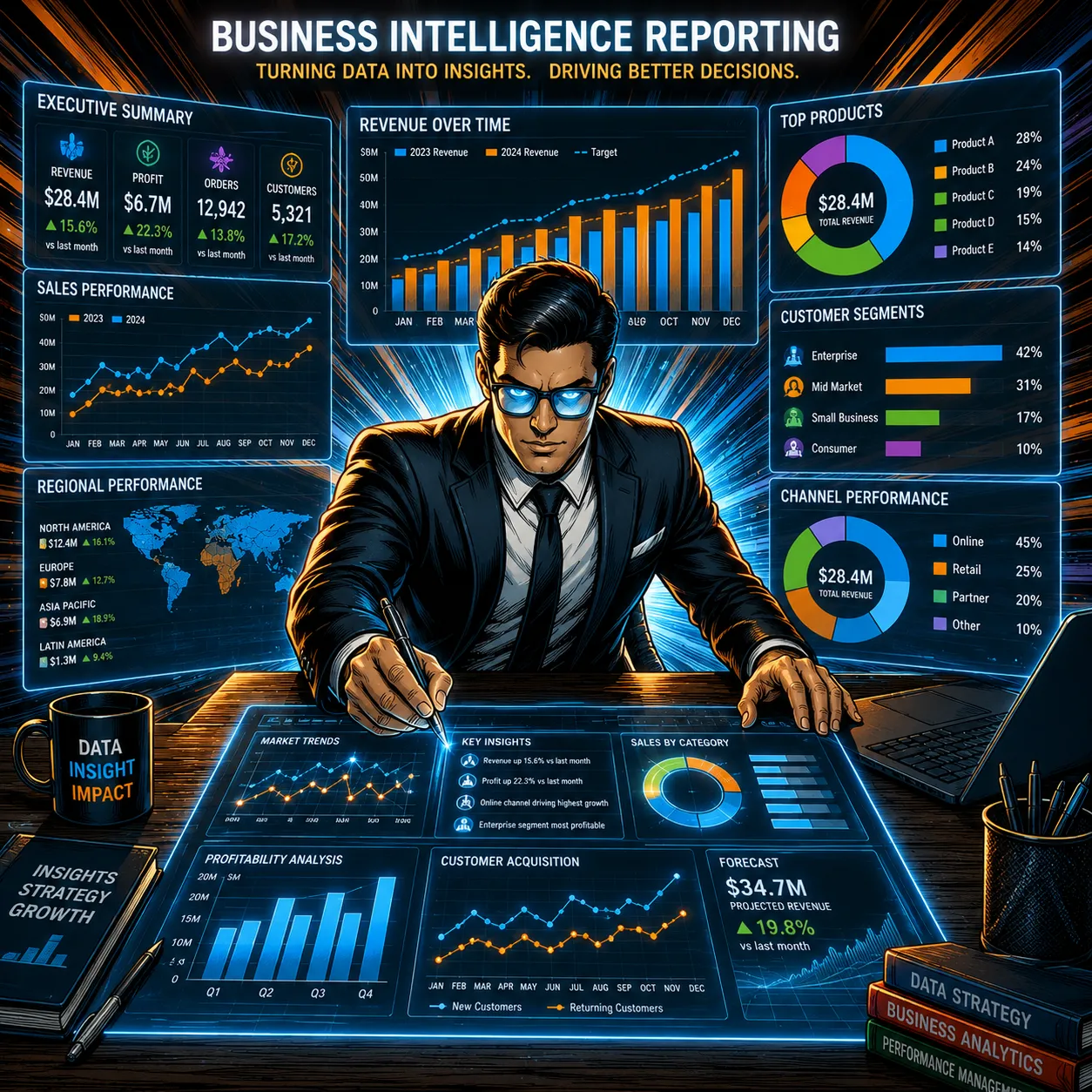 Business reporting dashboard showing performance trends and metrics