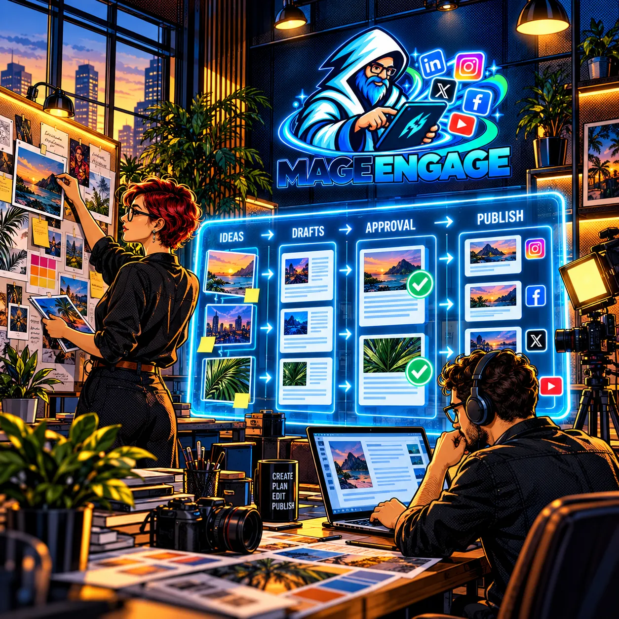 Mage Engage content studio connecting ideas, drafts, approvals and scheduled publishing.