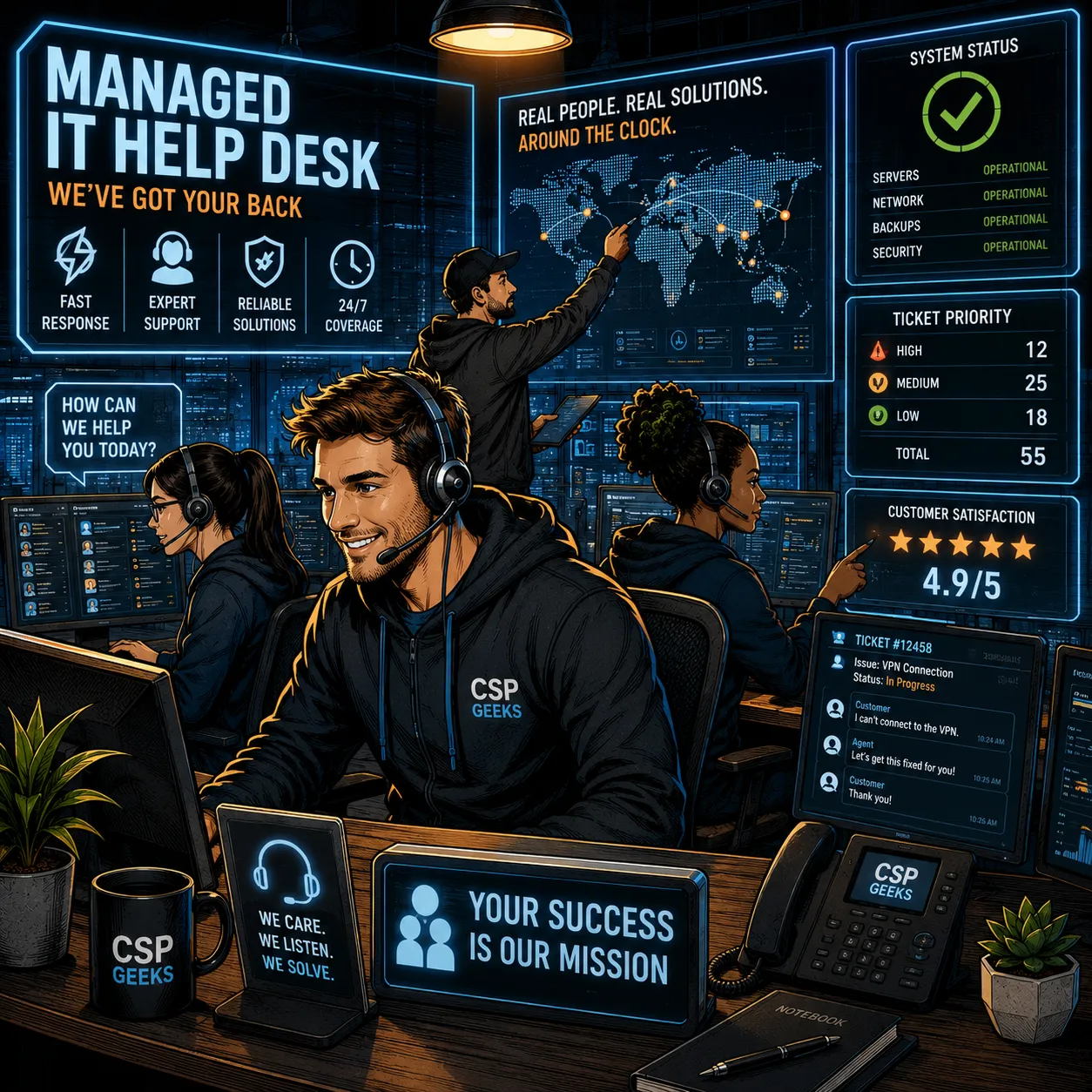 Help desk technician resolving a support request for a client