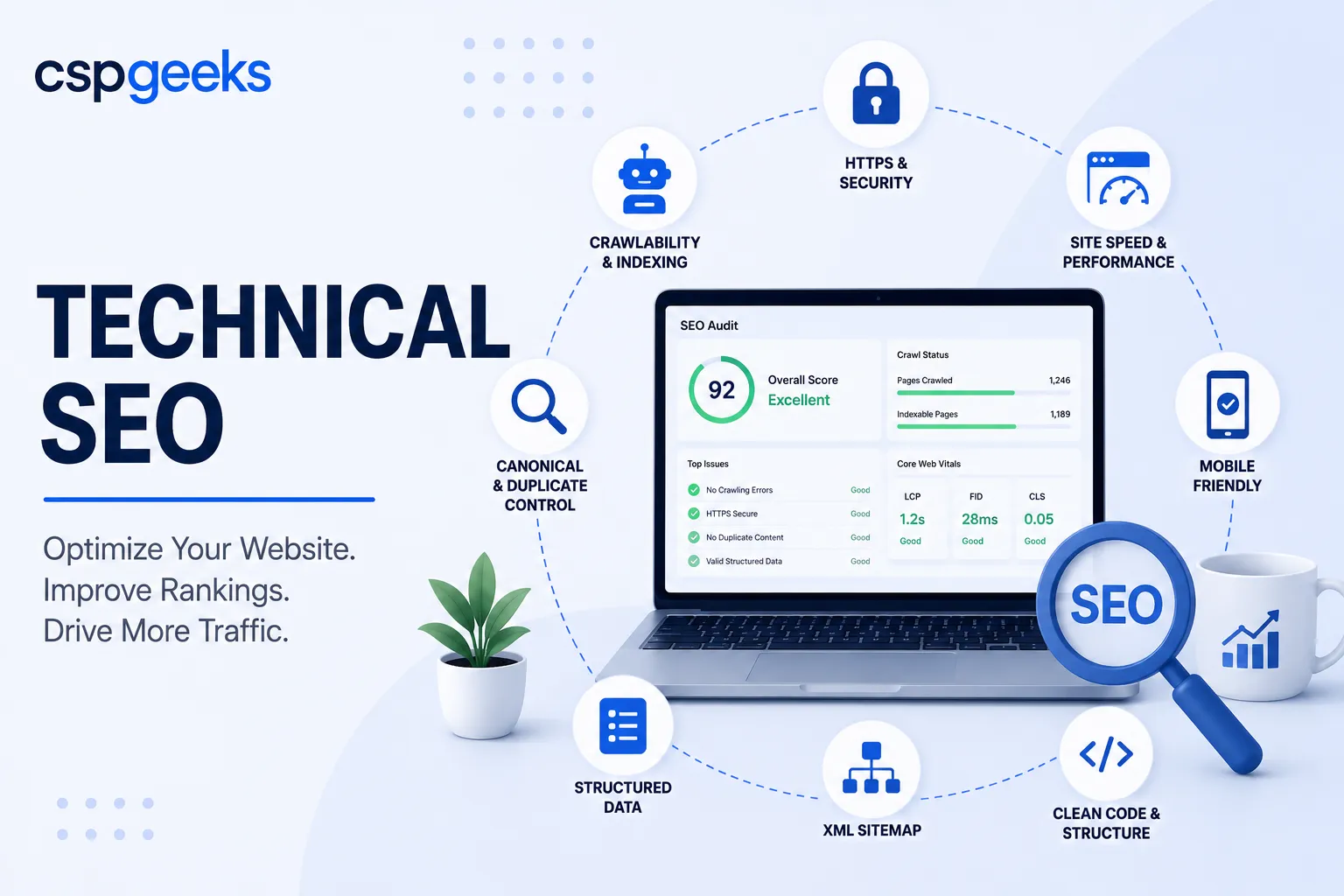Illustration of technical SEO performance metrics, page speed scores, and rising organic search traffic