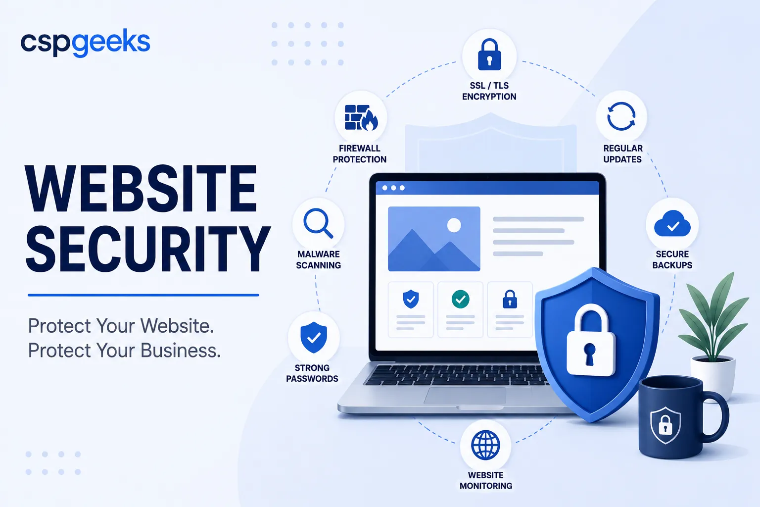 Illustration of website security layers extending beyond an HTTPS padlock to firewalls, patching, and monitoring